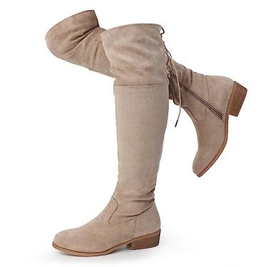 Imagem de Hawkwell Botas femininas na altura da coxa, acima do joelho, botas pretas de salto baixo, Caqui, 36