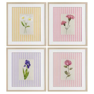 Imagem de Stupell Industries Cottage Stripe Sprigs 4 peças impressão emoldurada cinza conjunto sob vidro, design por Lisa Wehmeyer, 16 x 13