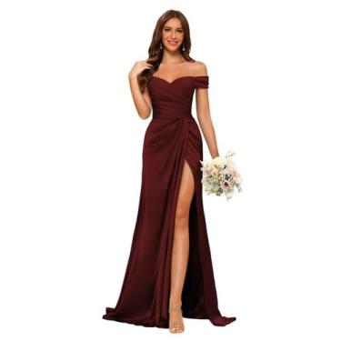 Imagem de Vestido de dama de honra Dessiny Burgundy Satin Off Shoulder Mermaid