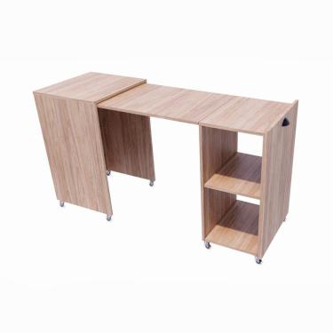 Imagem de Mesa Retrátil Compacta Mdf 15mm Amadeirado Claro Home Office Estudo Otimiza Espaço
