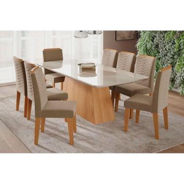 Imagem de Sala De Jantar Completa Helena C- Tampo Madeirado C- Vidro 210x100 Cm E 8 Cadeiras Clarice Savana-nature-suede Capuccino - Cimol