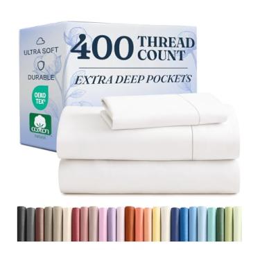 Imagem de Lençóis de bolso extra profundo Twin XL - Lençóis de algodão tamanho solteiro GG - Conjunto de lençóis de 3 peças - Algodão 400 fios - Conjunto de lençóis com elástico extra profundo - Lençóis de algodão Twin GG - Algodão nítido (Twin XL, branco)