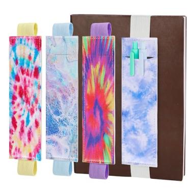 Imagem de GNUEYART 4 suportes de caneta de couro com faixa elástica colorida, 4 belos designs, 16 x 4,5 cm, suporte de caneta destacável para notebook (Dream dye)