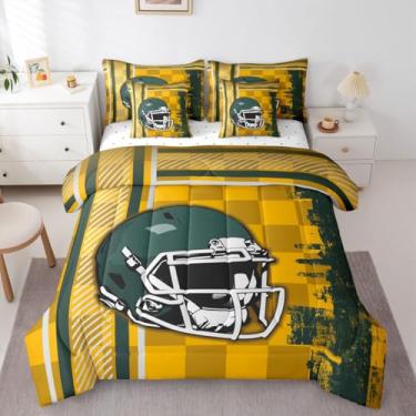 Imagem de Erosebridal Jogo de cama Queen com estampa de cidade de futebol americano, 7 peças, jogo de cama de futebol americano, capacete de rúgbi, jogos competitivos, verde-turquesa, amarelo (baía verde)