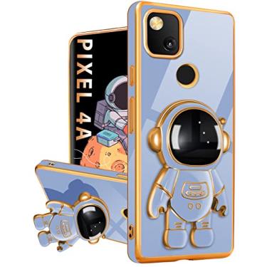Imagem de Buleens Capa para Google Pixel 4A com suporte de astronauta, capas femininas de pixel 4A, capa de telefone feminina fofa 6D com padrão de coração do espaço sideral para Google Pixel 4A (não serve para 5G) 5,8 polegadas azul escuro