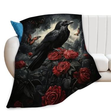 Imagem de Cobertor gótico corvo rosa corvo cobertores presentes para meninas meninos crianças macio aconchegante lã pelúcia para sofá cama 127 x 101 cm