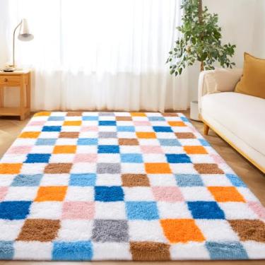 Imagem de Tapetes xadrez para sala de estar, quarto, 12 x 18 cm para sala de estar, tapetes felpudos modernos tapete felpudo para meninos meninas dormitório berçário decoração de casa estética, atualização