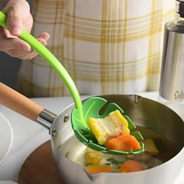 Imagem de Colher com fenda em forma de folha, concha de cozinha criativa de folha Monstera para sopa, macarrão e legumes, colher de coador de cozinha resistente ao calor