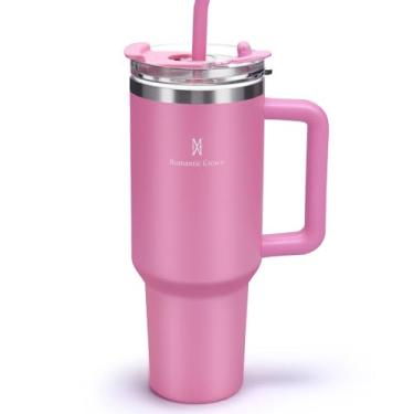 Imagem de Romantic Crown Copo Térmico com Canudo Tampa e Alça 1,18L, Cops Garrafas Termico para viagem vácuo dupla camada aço inoxidável, Caneca Termica Cafe Água Chá,Presente, Fitness (Rosa escuro)