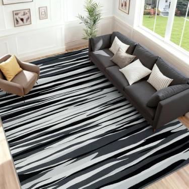 Imagem de YIHOUSE Tapetes de área de 2 x 3 m, tapete lavável abstrato, tapete preto e branco moderno para quarto, sala de estar, sala de jantar, escritório, sala de jogos, decoração de casa, tapetes listrados