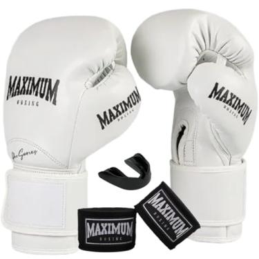 Imagem de Kit Luva de Boxe Muay Thai Kickboxing Profissional Branco + Bandagem + Bucal - Maximum Pro Series (14oz)