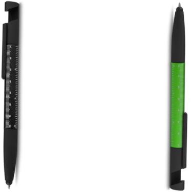 Imagem de Caneta Esferográfica Multifuncional Metálica Azul com Ponta Touch, Chave de Fenda, Phillips, Suporte para Smartphone, Limpador de Tela, Régua, 2 Unidades (Preto e verde)