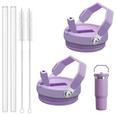 Imagem de Yutronel Pacote com 2 tampas de canudo de substituição para copo Stanley IceFlow de 590 ml apenas, tampa à prova de derramamento com 2 canudos reutilizáveis e 2 escovas de limpeza, livre de BPA, fácil