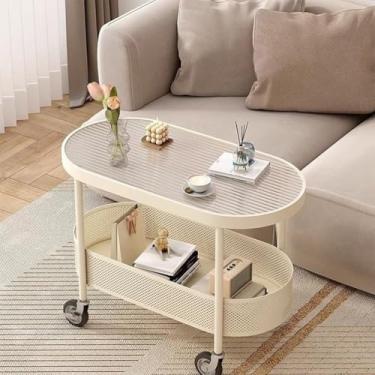 Imagem de Yadlan Mesa de centro moderna com rodas, mesas laterais ovais de armazenamento, mesa de canto para sala de estar com cesta de armazenamento e moldura de metal, mesa central de metal para sala de estar