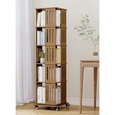 Imagem de Baoz Estante giratória de madeira com 5 andares, torre, canto giratório, estante giratória de 360°, para quartos de crianças, sala de estar, quarto, escritório, nogueira