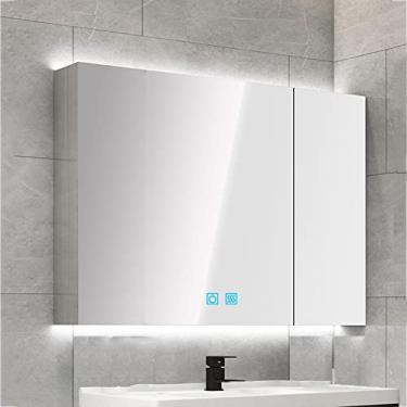 Imagem de SPXMQSS Armários de banheiro espelhados, armários de banheiro com luzes inteligentes anti-neblina regulação contínua com prateleiras armários de parede de banheiro com luz ambiente para cima e para