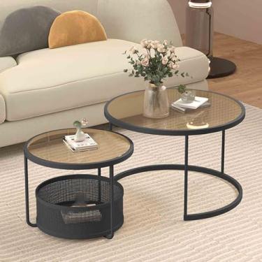 Imagem de Yadlan 2 peças Mesa de centro de vidro de segurança moderna, resistente ao calor e a arranhões, placa redonda grande, estrutura de ferro estável perfeita para sala de estar preta 1 70 cm 55 cm