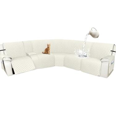 Imagem de Arfntevss Capas para sofá reclináveis 10% à prova d'água, em forma de L, capa de sofá reclinável em forma de L, protetor de canto lavável e antiderrapante (GG, 5 lugares com 1 console, branco creme)