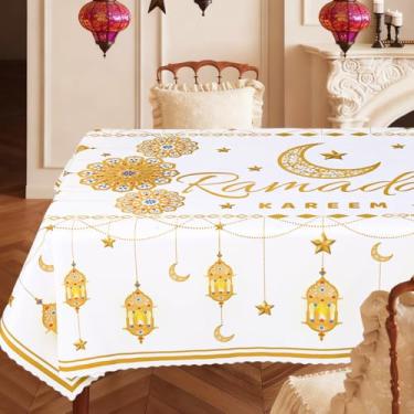 Imagem de 1 pacote de toalha de mesa Ramadan Mubarak, toalha de mesa Eid Mubarak de renda branca, toalha de mesa retangular descartável de plástico para decoração do Ramadã e suprimentos de lembrancinhas de