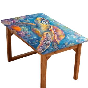 Imagem de Toalha de mesa retangular com borda elástica, toalha de mesa dobrável para piquenique ao ar livre com tartaruga do oceano de verão para mesas de 1,2 m, impermeável à prova de óleo, para cozinha