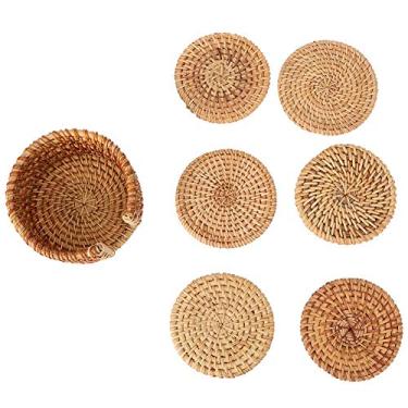 Imagem de Generic 6 Pçs Vintage Rattan Copo Redondo Esteiras Anti-skid Bule Isolamento Porta-copos Decoração Leve para Uso Diário