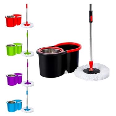 Imagem de Kit Mop Giratório 360° com Balde, 12L, Haste Ajustável 118-125cm, Refil Microfibra, Cesto Inox, Sistema Centrifugador, Preto e Vermelho, para Limpeza Doméstica