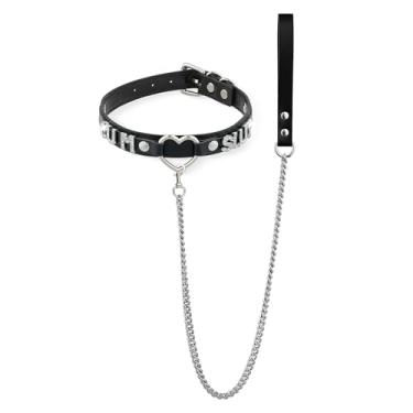 Imagem de Conjunto de coleira e coleira de couro com coração preto, gargantilha gótica ajustável com letras de strass 96 cm, correia de corrente de alumínio durável