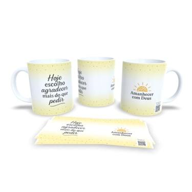 Imagem de Caneca de Cerâmica com Frases Motivacionais, Amanhecer com Deus, Amarelo e Branco, Design Pontilhado (20820)
