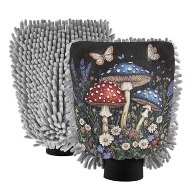 Imagem de STAYTOP Luvas de lavagem de carro para cogumelos e margaridas borboletas, 2 peças, luvas de microfibra de chenille, sem arranhões, panos de esponja de lavagem ultra absorventes para carros, limpeza