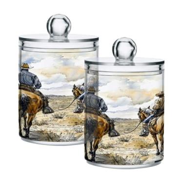 Imagem de STAYTOP 2 frascos de boticário de caubói norte-americano do deserto Qtip para banheiro com etiquetas – Recipiente de armazenamento Qtip de plástico transparente para bola de algodão, cotonete, grão de