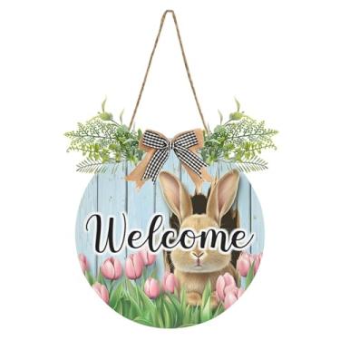 Imagem de Burbuja Placa de boas-vindas de parede de madeira de coelho, placa de boas-vindas pendurada com flor para porta, parede de casa, casa de fazenda, decoração de varanda, decoração de feriados, 30 x 30