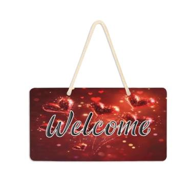 Imagem de Burbuja Placa de boas-vindas de fogos de artifício de coração vermelho para porta da frente, placa de boas-vindas de PVC para decoração de férias, 15 x 28 cm