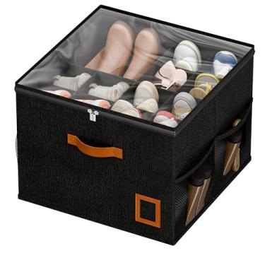 Imagem de FooGuila Organizador de sapatos para armário, 1 caixa organizadora dobrável de armazenamento de sapatos com divisórias ajustáveis e capa transparente, caixa de sapato que economiza espaço com alças