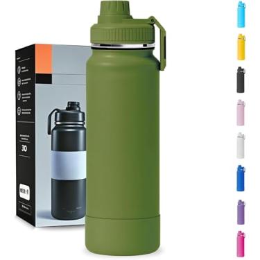 Imagem de Garrafa Térmica 1000ML - Duplamente Isolada a Vácuo, Aço Inox 304, Capa Protetora da Base de Silicone, Mantém Bebidas Gelada 24 horas e Quente 12 horas (Verde Militar Slin)