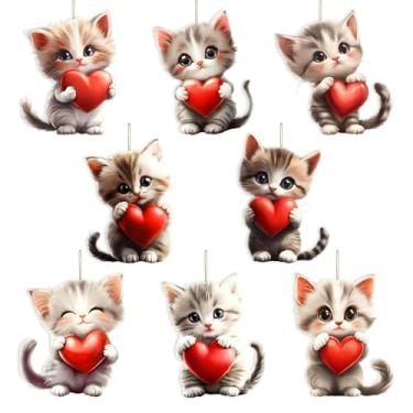 Imagem de 8 peças de enfeites de dia dos namorados gato fofo segurando um coração vermelho, ornamentos de acrílico 2D para pendurar em árvore, romântico, faça você mesmo, pingente de árvore para decoração de