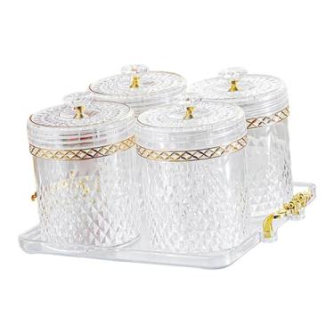 Imagem de Fenteer Recipiente para armazenamento de alimentos com bandeja, porta-grãos de café com 4 frascos, suporte para temperos, lata multifuncional com tampa, Claro