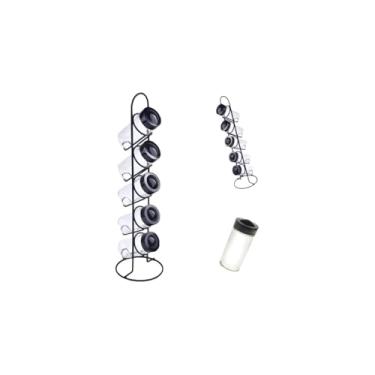 Imagem de Conjunto 5 Porta Condimentos com Suporte Vertical, Vidro e Ferro, Preto, Tampa Giratória, 40cm Altura, Organizador de Temperos