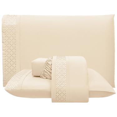 Imagem de Jogo De Lençol Queen Quadratto Bordado 300 Fios Micropercal 4 Peças Areia - 100% Poliester