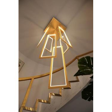 Imagem de Lustre moderno de LED para interiores com pé-direito alto, luminária pendente regulável, elegante e retangular, ideal para escadas em espiral, salas de estar de casas, hotéis e restaurantes,