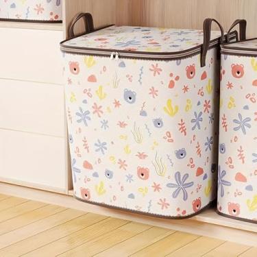 Imagem de Bolsa de armazenamento de tecido de grande capacidade, organizador dobrável com design de urso e rosto sorridente, abas resistentes para roupas e brinquedos, bege