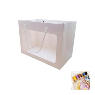 Imagem de Kit Sacola Branca com Visor 24cm x 12cm x 31cm e Fita Cetim 4mm x 10m