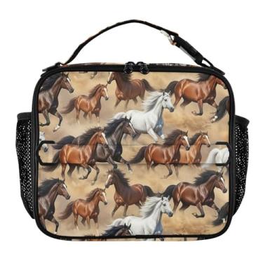 Imagem de Ancient Horses Lancheira Bege Areia Meninas Mulheres Lancheira Crianças Homens Lancheira para Trabalho Lancheira Bolsa térmica com alça de ombro ajustável