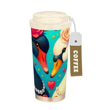 Imagem de TSENQUE Caneca de café de viagem de 473 ml com tampa de canudo e filp, copo de café de aço inoxidável isolado a vácuo à prova de vazamento, preto e branco cisne amor estética
