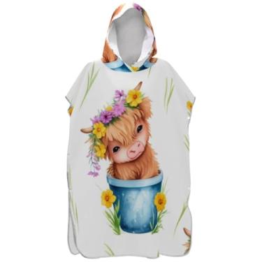 Imagem de Joisal Poncho de surfe trocador de roupão para banho de praia Adul toalhas com capuz ponchos adultos vestíveis para mulheres bonito vaca highland rústico