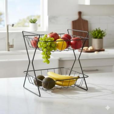 Imagem de Fruteira Dupla Aramada de Mesa em Aço para Cozinha Organização e Decoração(PRETO)