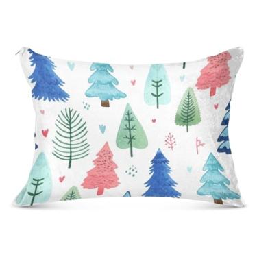 Imagem de Fronhas de flanela branca com estampa de árvores de Natal em aquarela com zíper para travesseiro padrão Queen King, decoração de cama de casa, tamanho padrão, 51 x 66 cm
