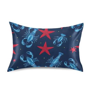 Imagem de Fronhas Floral Náutica Lagosta Estrela Azul King Queen Almofadas Padrão Cetim Refrescante para Cabelo e Pele Impressão Divertida King Size 101.6 cm x 50.8 cm