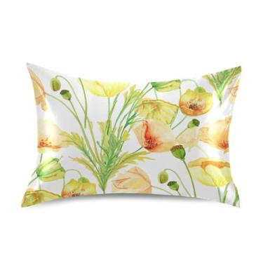 Imagem de Fronhas com estampa de flores em aquarela floral amarelo rei queen padrão fronhas cetim refrescante capa de cama arte fofa tamanho king 101,6 cm x 50,8 cm