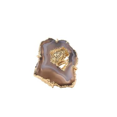Imagem de Dazzle Appeal Anel feminino de fatia drusa de geodo natural – joia de cristal cru ajustável, pedra preciosa de ágata exclusiva com revestimento de ouro, 1.26*32mm, Pedra, Ágata