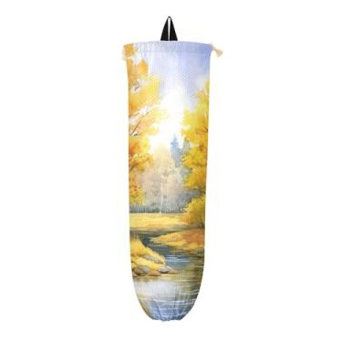 Imagem de Organizador de sacolas plásticas penduradas em aquarela para árvores de outono com rio, dispensador de sacolas de supermercado, organizador de armazenamento para cozinha
